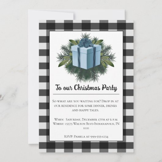 Buffel Plaid Kerstcadeau | Blue Holiday Party Kaart (Achterkant)