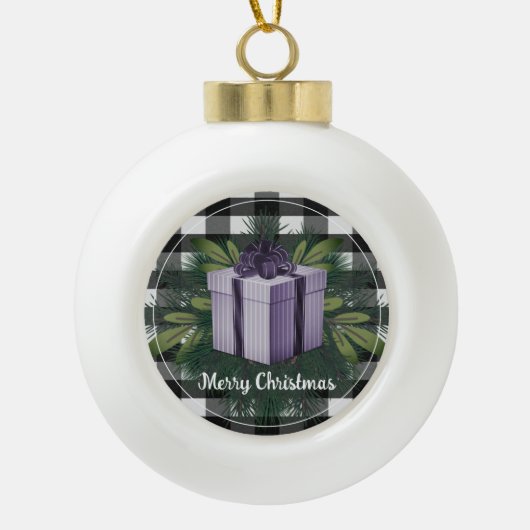 Buffel Plaid Kerstcadeau | PAARSE Keramische Bal Ornament (Voorkant)