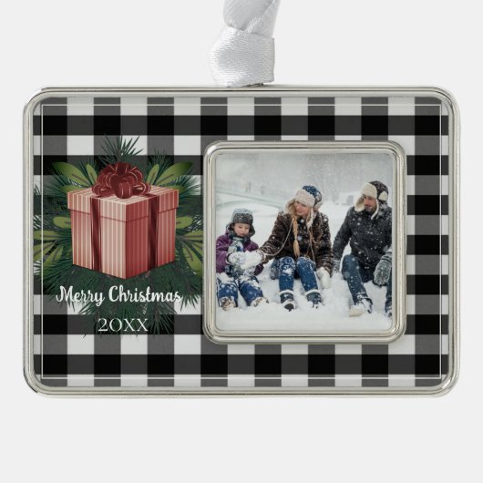 Buffel Plaid Kerstcadeau | Rood Verzilverd Omlijst Ornament (Voorkant)