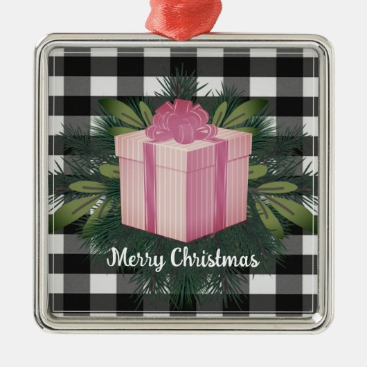 Buffel Plaid Kerstcadeau | roze Metalen Ornament (Voorkant)