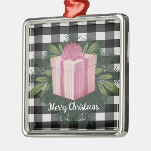 Buffel Plaid Kerstcadeau | roze Metalen Ornament (Links)