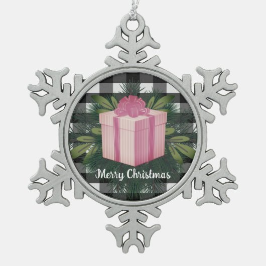 Buffel Plaid Kerstcadeau | roze Tin Sneeuwvlok Ornament (Voorkant)