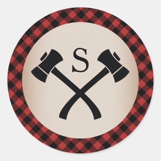 Buffel Plaid Monogrammed Bijl Bruiloft Ronde Sticker (Voorkant)