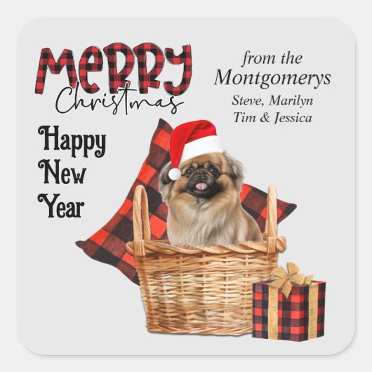 Buffel Plaid Pekingese Hond Kerstmis Vierkante Sticker (Voorkant)