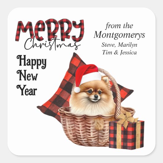 Buffel Plaid Pommerse Hond Kerstmis Vierkante Sticker (Voorkant)