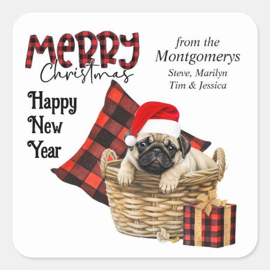 Buffel Plaid Pug Puppy Kerstmis Vierkante Sticker (Voorkant)