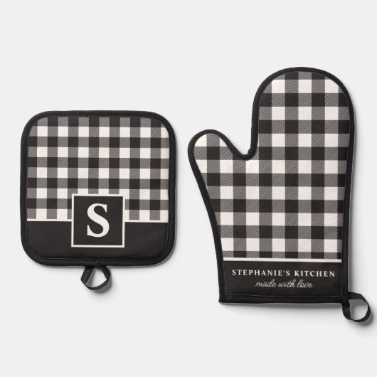 Buffel Plaid zwart-wit Checker monogram Ovenwant & Pannenlap Set (Voorkant)