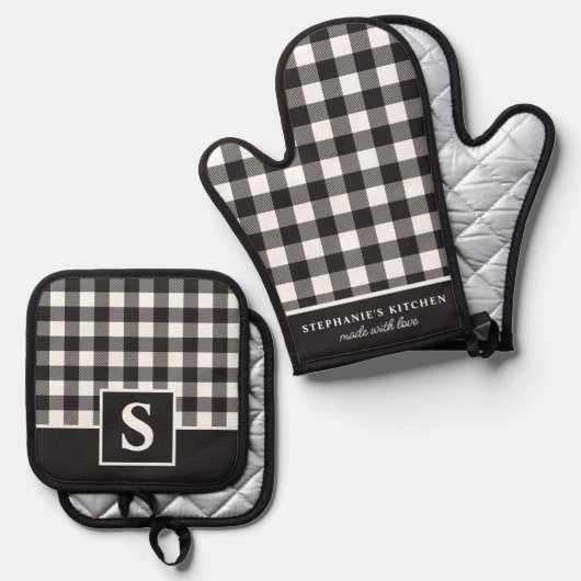Buffel Plaid zwart-wit Checker monogram Ovenwant & Pannenlap Set (Voorkant / Achterkant)