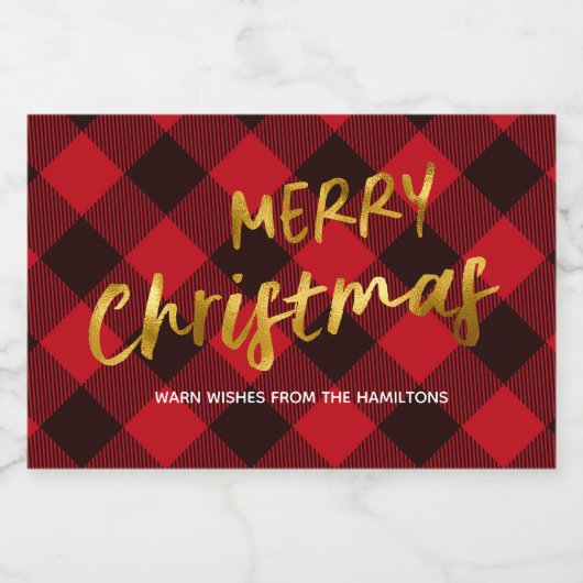 Buffel Rood Plaid en Gouden Folie Script Kerstmis Voedselcontainer Etiket (Enkel label)