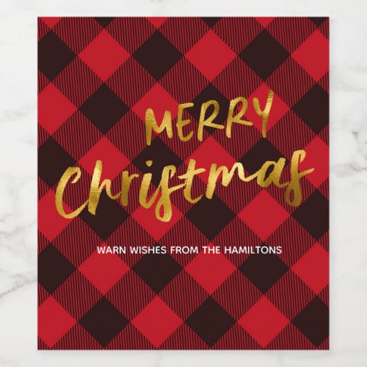 Buffel Rood Plaid en Gouden Folie Script Kerstmis Wijn Etiket (Enkel label)