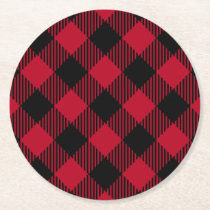 Buffelpatroon met rode en zwarte cheque ronde kartonnen onderzetter