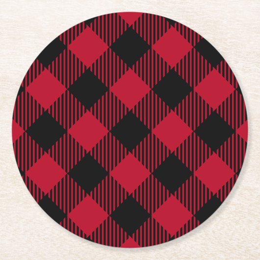 Buffelpatroon met rode en zwarte cheque ronde kartonnen onderzetter (Voorkant)