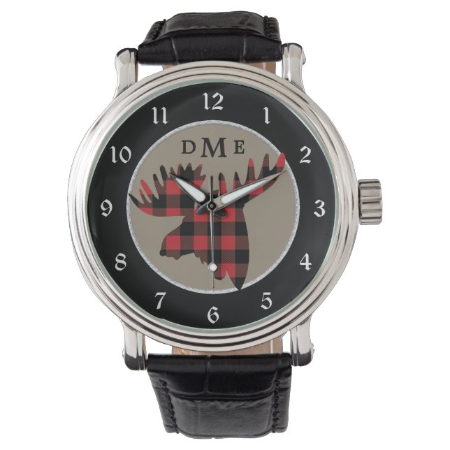 Buffelpolijst eland hoofd monogram horloge (Voorkant)