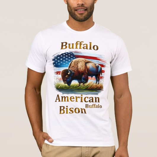 Buffels staan in grasveld met Amerikaanse vlag T-shirt (Voorkant)