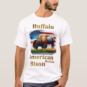 Buffels staan in grasveld met Amerikaanse vlag T-shirt