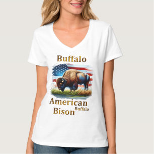 Buffels staan in grasveld met Amerikaanse vlag T-shirt