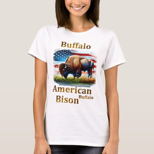 Buffels staan in grasveld met Amerikaanse vlag T-shirt (Voorkant)