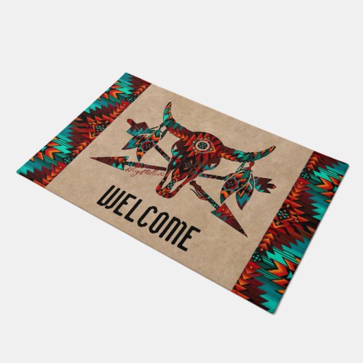 Buffelschedel en pijldoormat deurmat (Schuin)