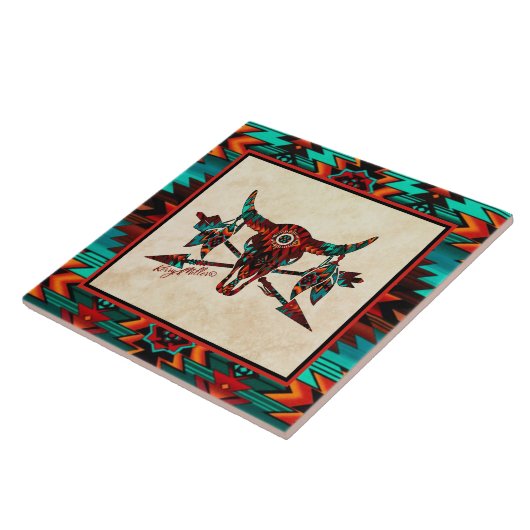 Buffelschedel en pijlen keramische Tegel Tegeltje (Zijkant)