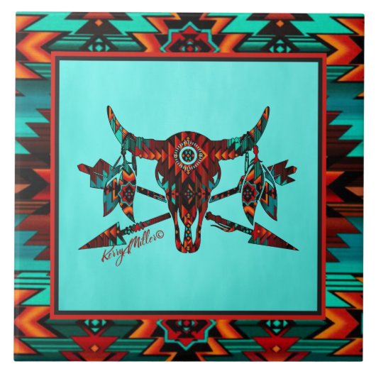 Buffelschedel en pijlen keramische Tegel Tegeltje (Voorkant)