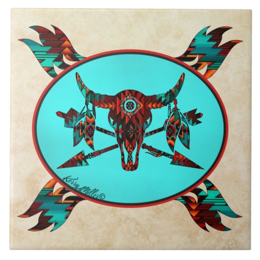 Buffelschedel en pijlen keramische Tegel Tegeltje (Voorkant)