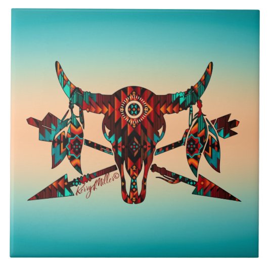 Buffelschedel en pijlen keramische Tegel Tegeltje (Voorkant)