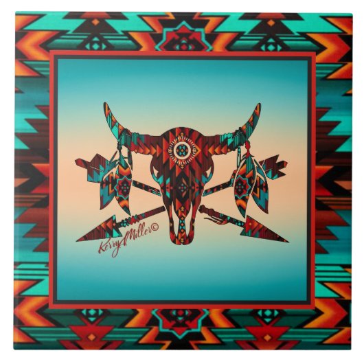 Buffelschedel en pijlen keramische Tegel Tegeltje (Voorkant)