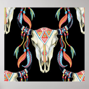 Buffelschedel: Waterverf zwarte achtergrond. Poster
