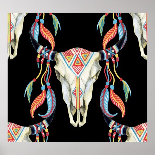 Buffelschedel: Waterverf zwarte achtergrond. Poster (Voorkant)