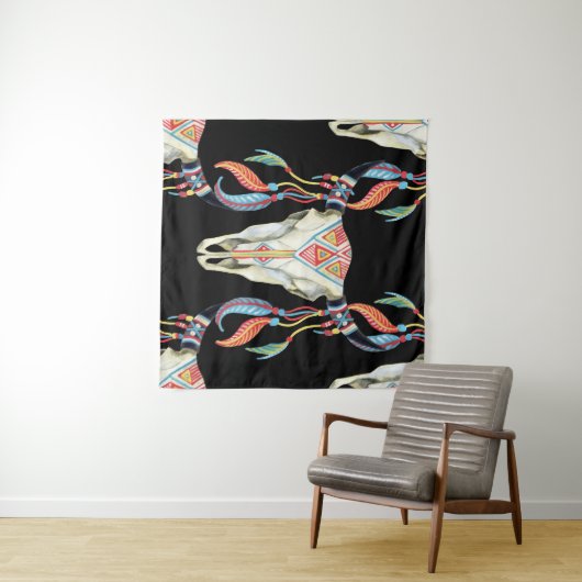 Buffelschedel: Waterverf zwarte achtergrond. Wandkleed (In Situ (horizontaal))