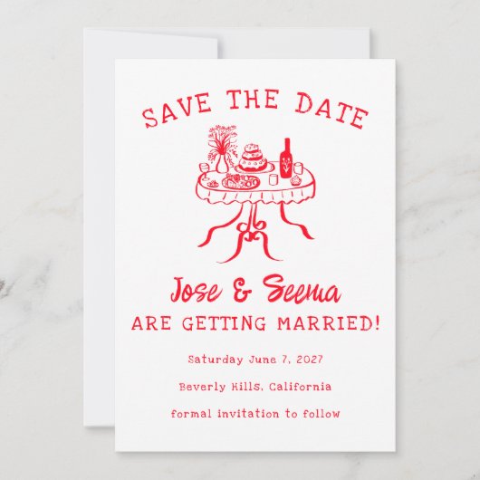 Buffet Dinner Table Hand getrokken Schattigee aang Save The Date (Voorkant)