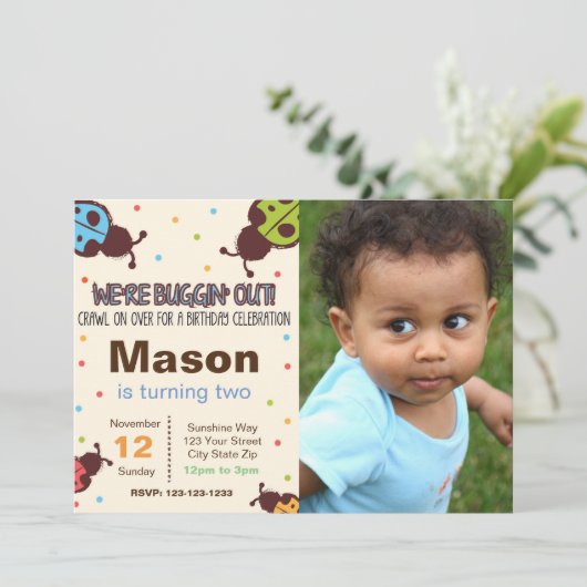 Bug Birthday Uitnodiging met foto (Staand voorkant)