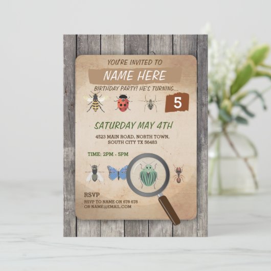 BUG CATCHER SCAVENGER HUNT KIDS BIRTHDAPPARTIJ KAART (Staand voorkant)