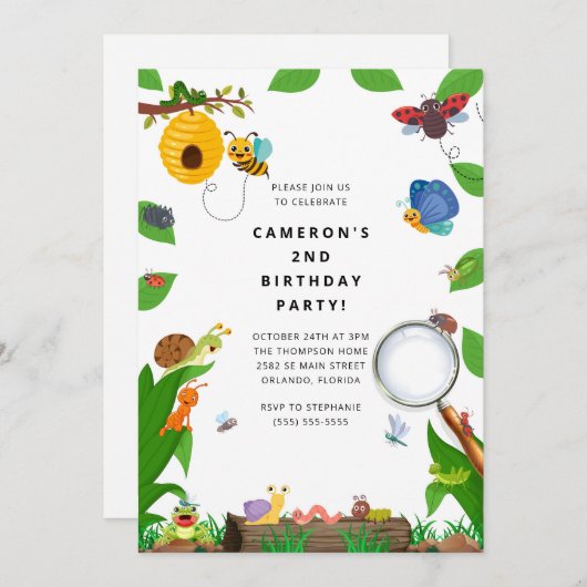 Bug Insect Boy Birthday Invitation Kaart (Voorkant / Achterkant)