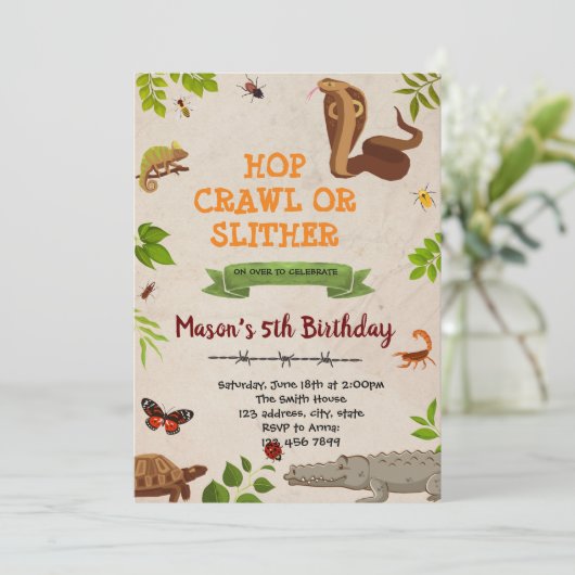 Bug insect reptiel thema party uitnodiging (Staand voorkant)
