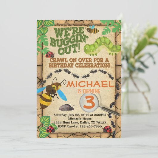 Bug Insect Verjaardagsfeest Uitnodiging Jongen Uit (Staand voorkant)