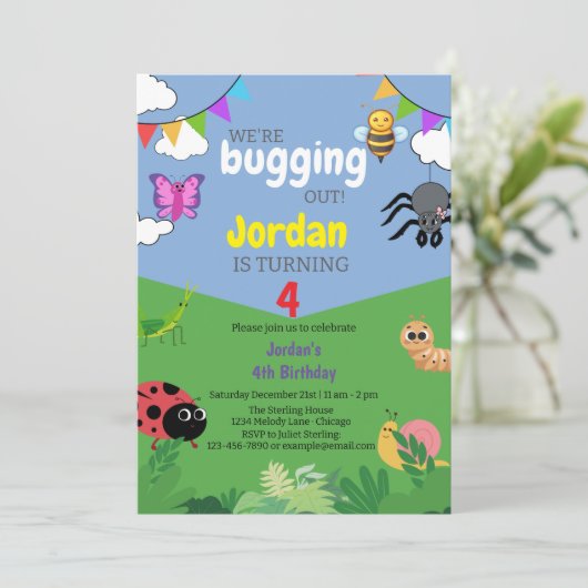 Bug thema kinderen verjaardagsuitnodiging griezeli kaart (Staand voorkant)