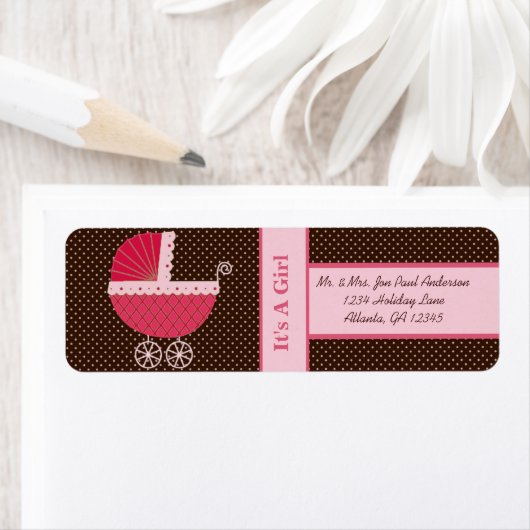 Buggy nieuwe baby het is een meisje bruin & roze S Etiket (Insitu)