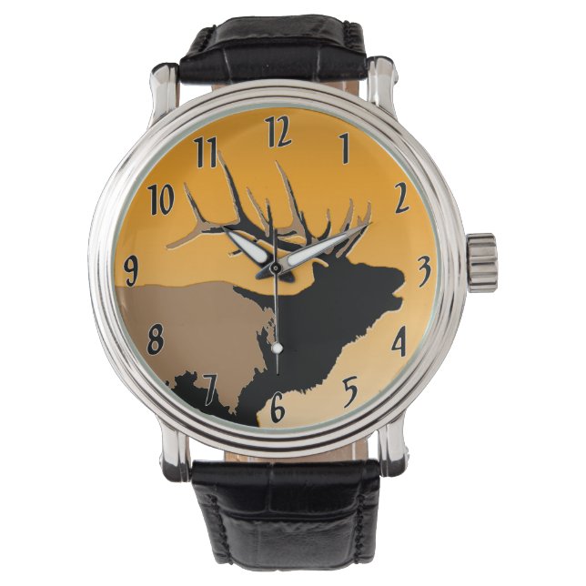 Bugling Bull Elk bij Sunset Original Wildlife Art Horloge (Voorkant)