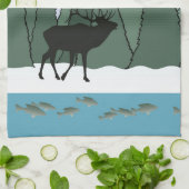 Bugling Bull Elk en Fish Kitchen Towel Theedoek (Gevouwen)