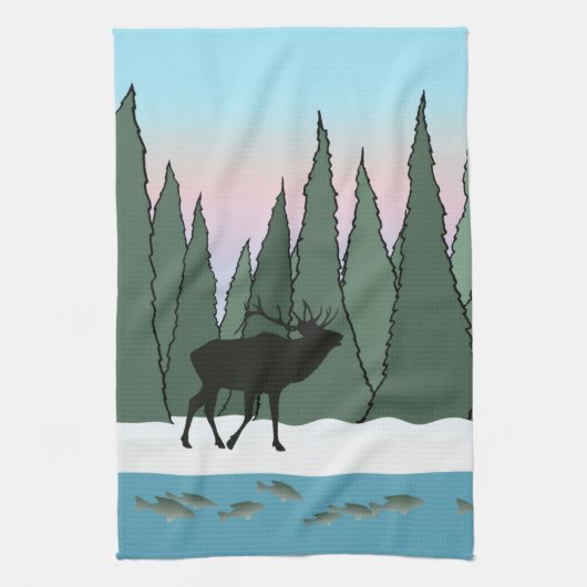 Bugling Bull Elk en Fish Kitchen Towel Theedoek (Verticaal)