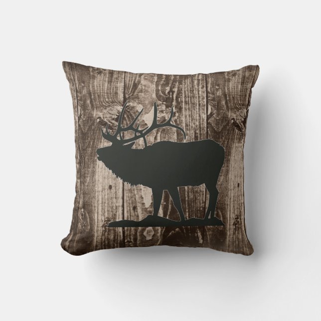 Bugling Elk (zwart) op Rustic Wood Cabin Kussen (Voorkant)