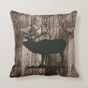 Bugling Elk (zwart) op Rustic Wood Cabin Kussen