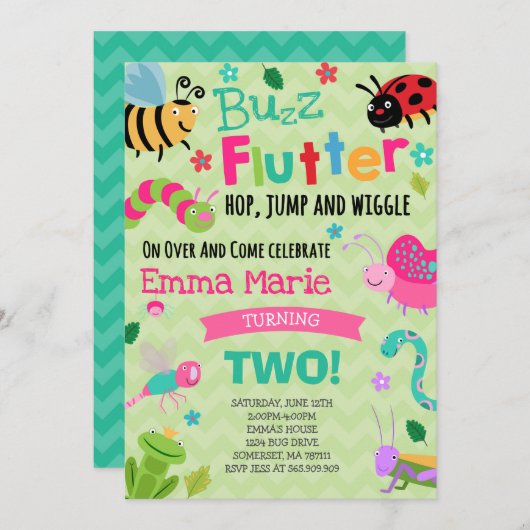 Bugs Birthday Invitation Girl Pink Bugs Party Kaart (Voorkant / Achterkant)