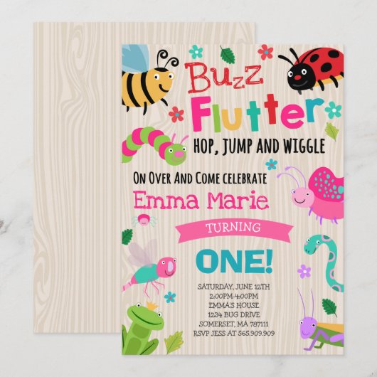 Bugs Birthday Invitation Girl Pink Bugs Party Kaart (Voorkant / Achterkant)