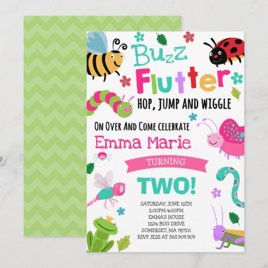 Bugs Birthday Invitation Girl Pink Bugs Party Kaart (Voorkant / Achterkant)