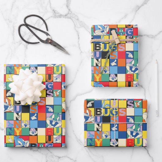 BUGS BUNNY™ Kleurrijke Naam en Gezichtschecker Inpakpapier Vel (Voorkant)