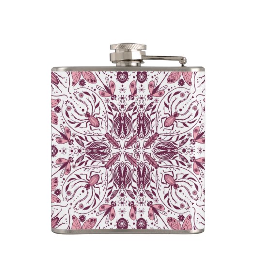 Bugs, donkere magenta en roze op wit heupfles (Achterkant)