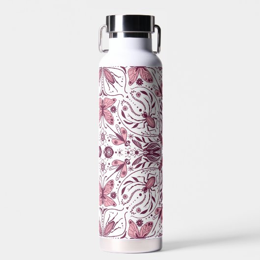Bugs, donkere magenta en roze op wit waterfles (Voorkant)