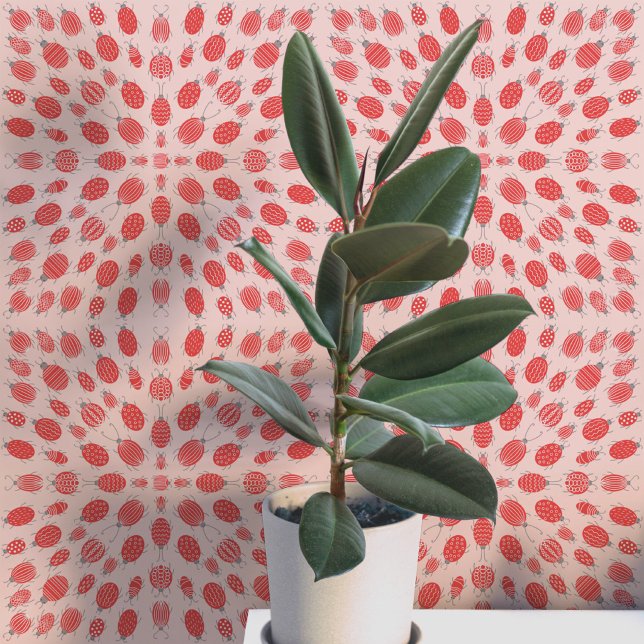 Bugs en Kevers Patroon Rood op Roze Behang (Fun bugs and beetles insect pattern art peel and stick wallpaper)